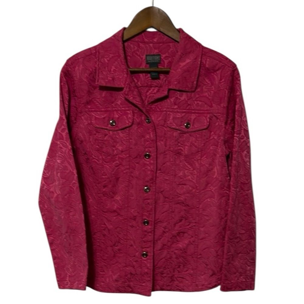 Chico’s Pink Floral Embroidered Western Fitted Long Sleeve Button Down Shirt L